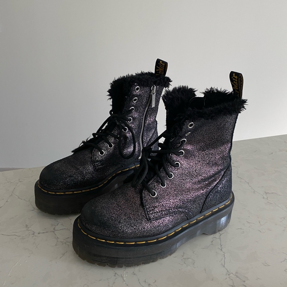 DR. MARTENS Jadon Distressed Metallic Faux Fur Boots Women Size 36 US 5